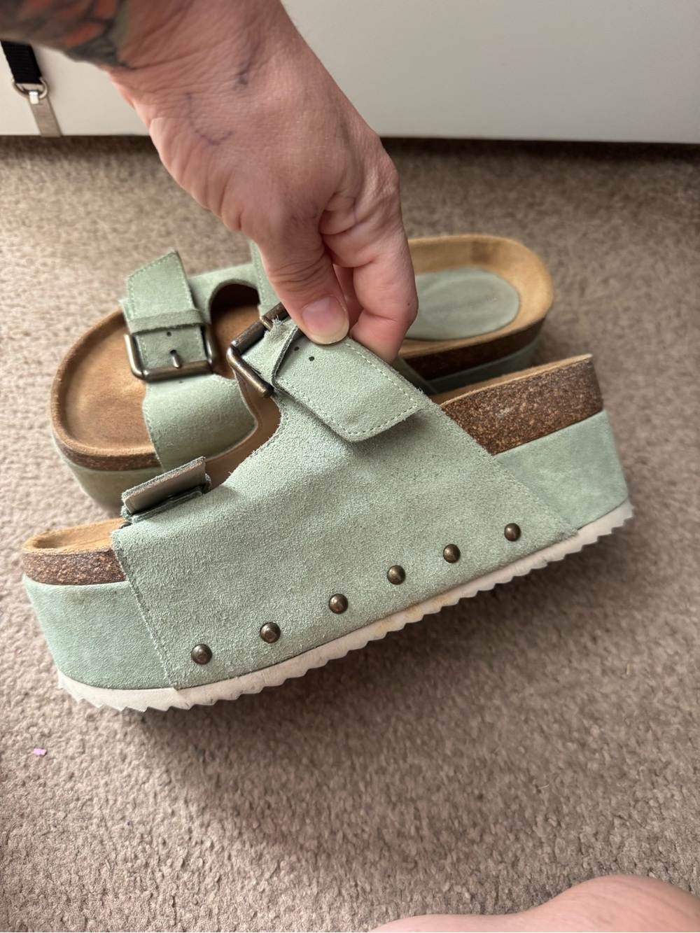 INTENTIONALLY BLANK Mint Green Suede Platform Slide Clogs